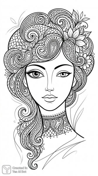 Нежная сюрреалистичная иллюстрация: портрет в стиле Zentangle для раскрашивания. Картинка из нейросети Nano-Banana