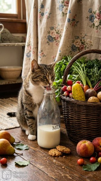 Уютный натюрморт: кошка, молоко и дары осени в ретро стиле. Картинка из нейронной сети Нано Банана