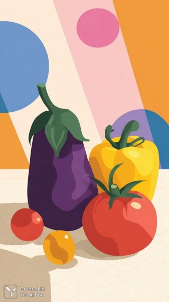 Натюрморт с яркими овощами и пастельными акцентами. Нейросеть Миджорни