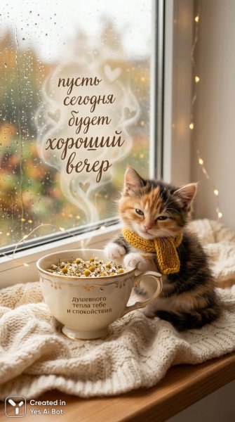 Уютное утро с котенком и чашкой ромашки: тепло и нежность. Картинка из нейронной сети Нано Банана