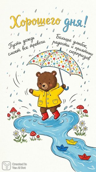 Милый медвежонок и сердечко-лужа: сказочное пожелание хорошего дня. Нейросеть Nano-Banana