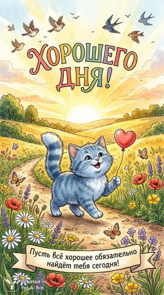 Милый котенок и утреннее солнце с любовью в сердце. Картинка из нейросети Nano-Banana