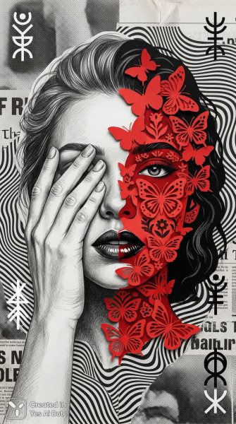 Этно-футуристический портрет: игра света и иллюзий в смелой коллажной технике. Изображение из нейросети Nano-Banana