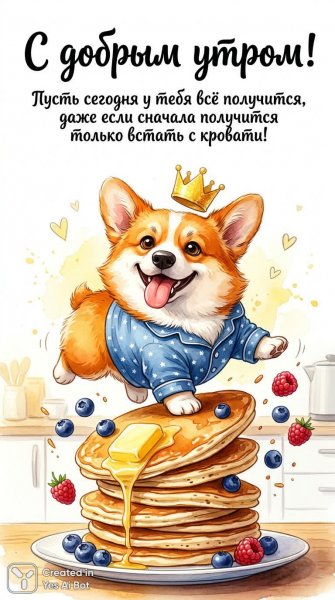Умилительный корги на завтраке и добрые пожелания. Генерация из нейронной сети Nano Banana