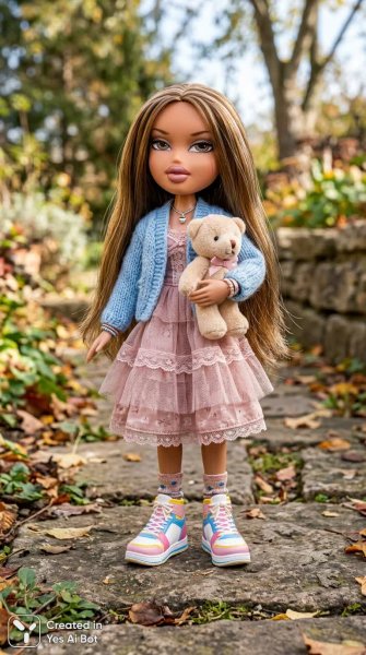 Кукла Bratz в уютном голубом кардигане и розовом платье. Нейросеть Nano-Banana
