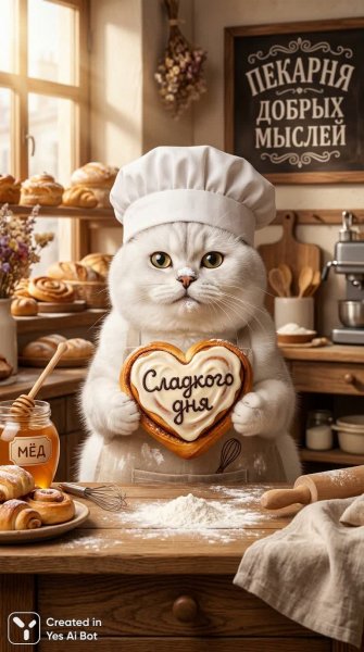 Милый котик-пекарь с ароматной булочкой и сладкими мыслями. Картинка из нейросети NanoBanana