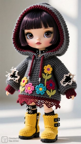 Кукла Lalaloopsy в стиле гранж: авангардная мода и яркие цветы. Картинка из нейронной сети Qwen Image