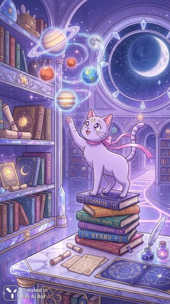 Диана в лунном дворце: библиотека чудес и маленького котенка. Изображение из нейросети NanoBanana