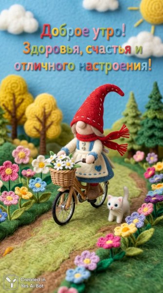 Сказочный гном на велосипеде: уютное рукоделие в весеннем саду с добрым утром. Нейросеть NanoBanana