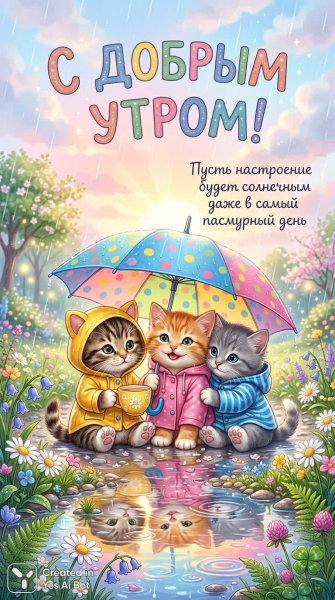 Утро с котятами под зонтом: солнечное настроение и нежная сказка. Изображение из нейросети Nano Banana