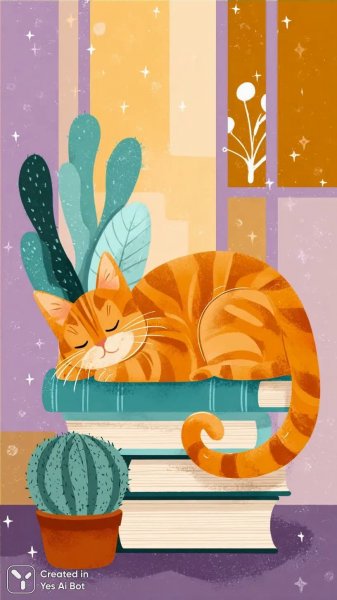Кот и книги в уютной иллюстрации. Картинка из нейросети Midjourney