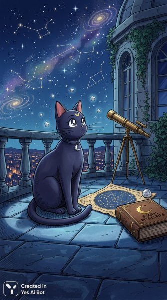 Лунный наблюдатель: тайна ночи и звездная защита кошки-хранителя. Нейросеть NanoBanana