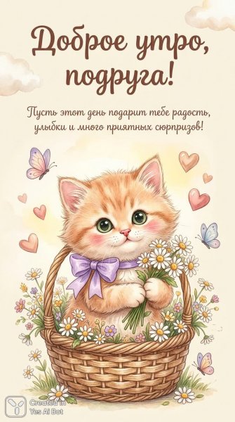 Нежное утро с пушистым котенком и букетом ромашек для любимой подруги. Генерация из нейросети Nano Banana