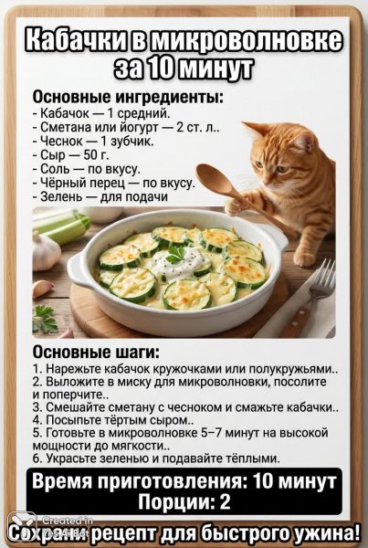 Быстрый и вкусный кабачок в микроволновке за 10 минут – идеальный вариант для легкого ужина!. Картинка из нейросети Nano Banana