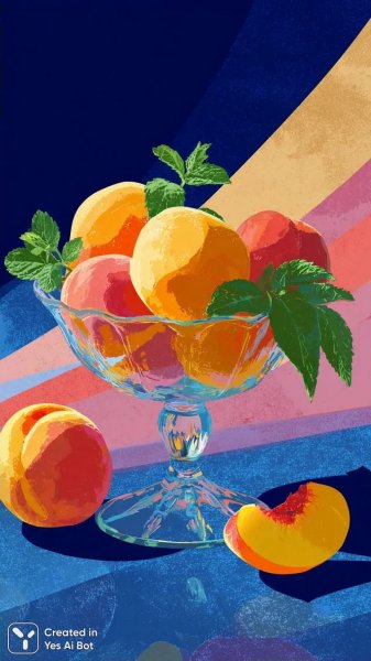 Натюрморт с летними фруктами и мятной свежестью в ярком стиле. Картинка из нейросети Миджорни