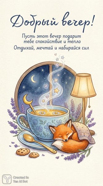 Уютный вечер с лисой и чаем: сказка на ночь в нежных тонах. Изображение из нейронной сети Нано Банана