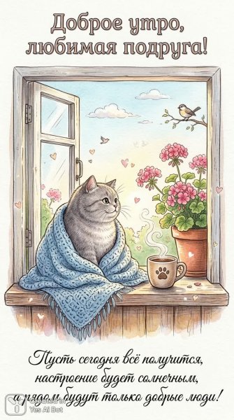 Уютное утро с котиком и цветами. Картинка из нейросети Нано Банана