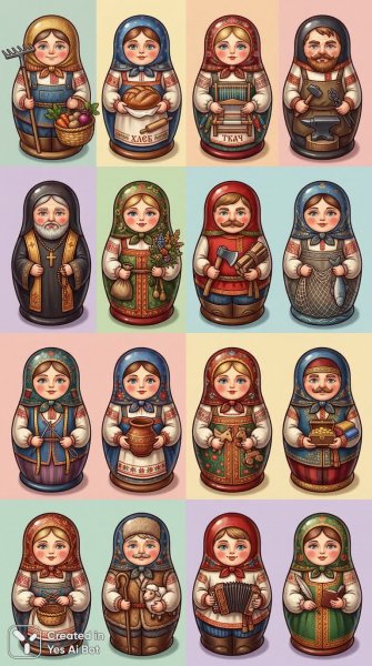 Древнерусская деревня: портреты NPC в стиле матрешки. Нейросеть Нано Банана