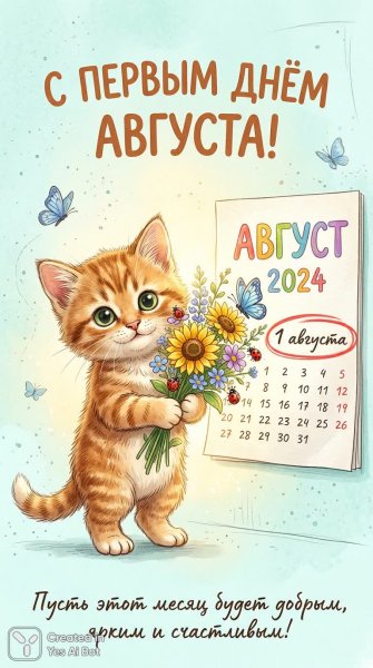 Августовское приветствие: котенок с подсолнухами и летнее настроение. Картинка из нейронной сети Нано Банана
