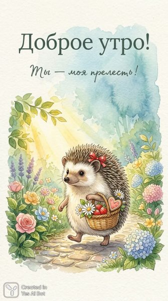 Милый ёжик с дарами в солнечном саду – нежное послание о любви и утреннем настроении. Картинка из нейросети Нано Банана