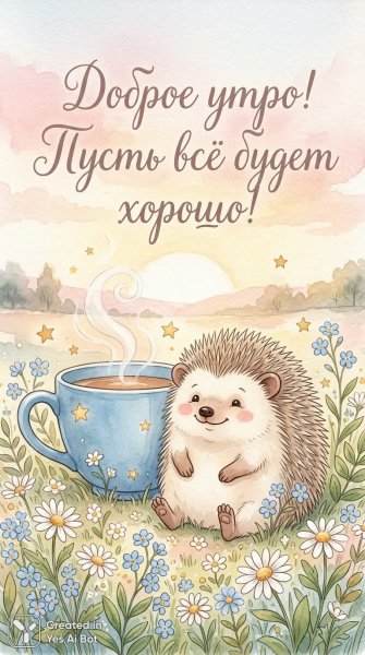 Утро с ежиком и чашкой теплого чая. Нейросеть NanoBanana