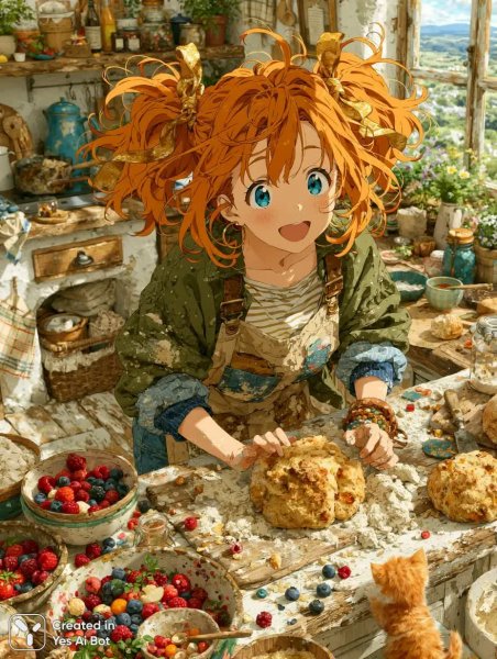 Яркая девушка и домашняя выпечка в уютной кухне. Картинка из нейросети Миджорни