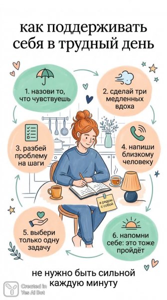 Поддержка в трудный день: советы для женщин. Изображение из нейронной сети Nano-Banana