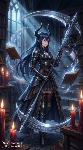Хранительница библиотеки: таинственный инкуб и древний косовер ⚔️🖤📚🏛️✨🌙🕯️📖🔮. Генерация из нейронной сети Нано Банана