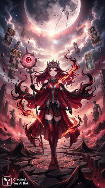Загадочная Scarlet Witch в апокалиптическом мире: иллюстрация в стиле аниме. Картинка из нейросети NanoBanana
