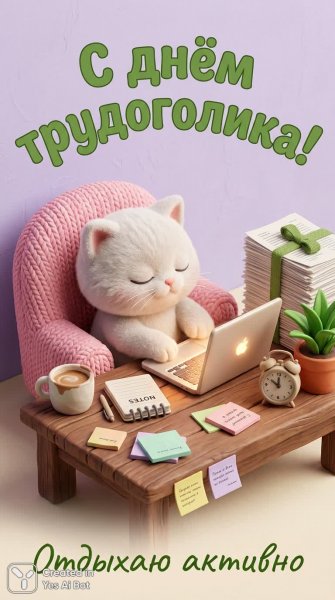 Уютный офис и котенок-трудоголик в розовом свитере. Картинка из нейронной сети NanoBanana