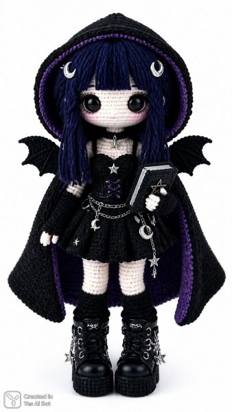Темная волшебница амигуруми: готическая кукла в стиле каваи с лунными заколками и плащом. Изображение из нейросети Sora Ai Images