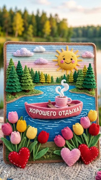 Уютное вязаное утро: озеро с лодкой и пожеланием хорошего отдыха. Изображение из нейросети Nano Banana