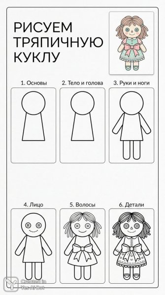 Милый рисунок тряпичной куклы: пошаговое руководство для детей и начинающих художников. Генерация из нейросети Нано Банана