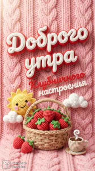 Утро в объятиях клубничного тепла и уютного вязаного волшебства. Картинка из нейронной сети Nano-Banana