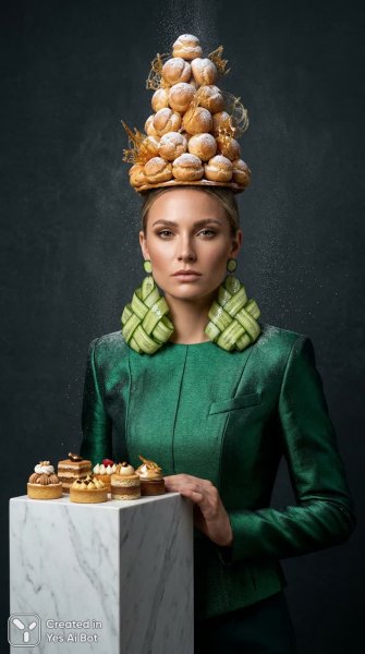 Изысканный образ: уверенность, мода и кулинарное безумие в сюрреалистичной съемке. Изображение из нейросети Nano Banana