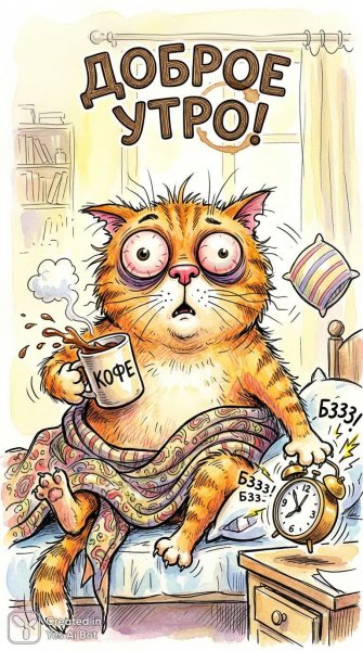 Кошачий кошмар утреннего пробуждения: гротескная забава и кофе. Нейронная сеть Nano-Banana