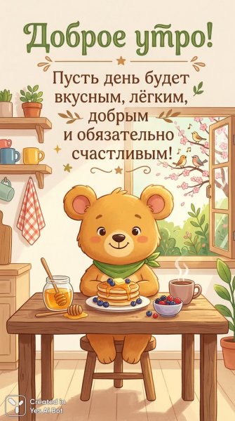 Милый медвежонок с утра лакомиться вкусностями в уютном доме. Изображение из нейросети Nano Banana