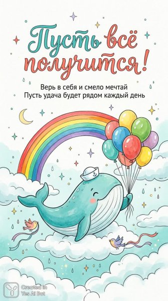 Веселая открытка с китом: волшебные мечты и яркие надежды. Изображение из нейронной сети Nano Banana
