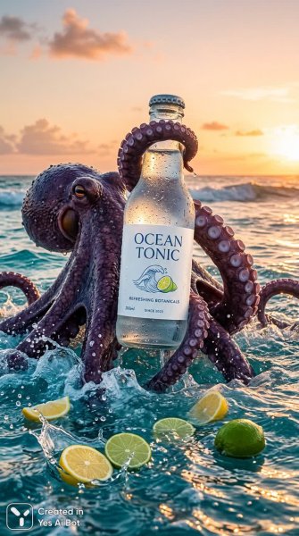 Осьминог из глубин: освежающий вкус премиального тоника в кинематографичном кадре. Генерация из нейронной сети Нано Банана