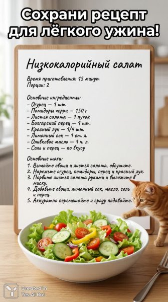 Легкий и вкусный салат: рецепт для быстрого ужина с котиком. Нейронная сеть NanoBanana