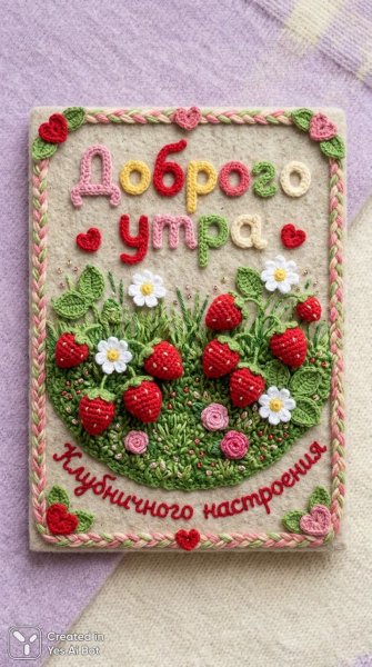 Утро в клубничном саду: вязаное рукоделие и нежные цветы. Картинка из нейросети NanoBanana