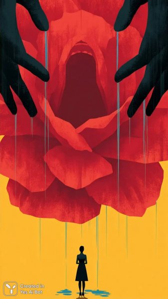 Красный цветок и печаль: сюрреалистичная иллюстрация в стиле поп-арт. Картинка из нейронной сети Midjourney
