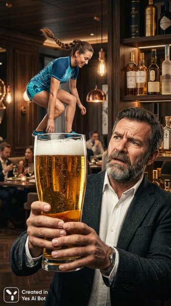 Баланс на грани: пиво, спорт и удивление в ярком фэнтези. Изображение из нейронной сети Nano Banana