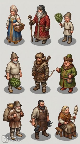 Русские персонажи в изометрии: NPC для игр и иллюстраций. Генерация из нейросети Nano-Banana