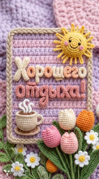 Уютная вязаная открытка с пожеланием хорошего отдыха. Картинка из нейронной сети Nano-Banana