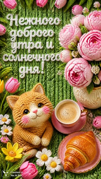 Уютное вязаное утро: котик, кофе и нежные пионы ручной работы. Нейронная сеть Sora