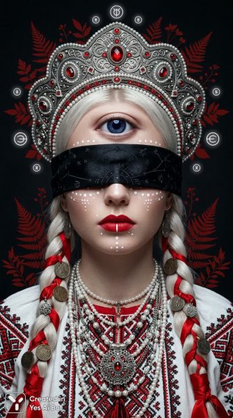Загадочная славянка в космическом облачении и древних украшениях. Картинка из нейросети Нано Банана