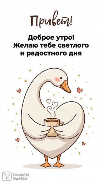 Утро с доброй уткой и чашкой горячего напитка. Изображение из нейронной сети NanoBanana