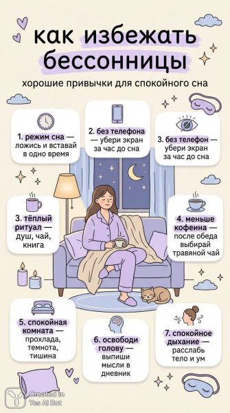 Секреты спокойного сна: советы по борьбе с бессонницей и улучшению качества отдыха. Изображение из нейронной сети Нано Банана