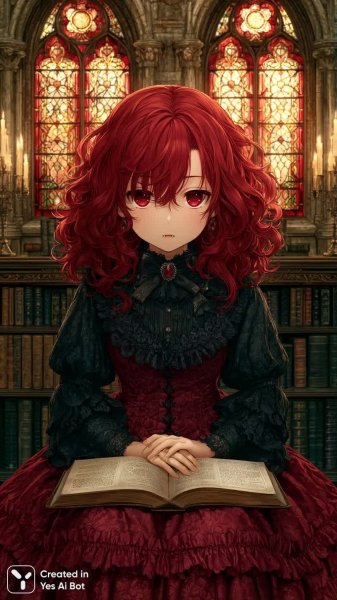 Вампирша в библиотеке: огненная красота и тайны старинных книг. Генерация из нейросети Midjourney